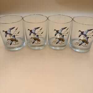 4 Waterfowl Raedeke Whiskey Old Fashioned Glasses VTG Gold Rim Ducks Mallard